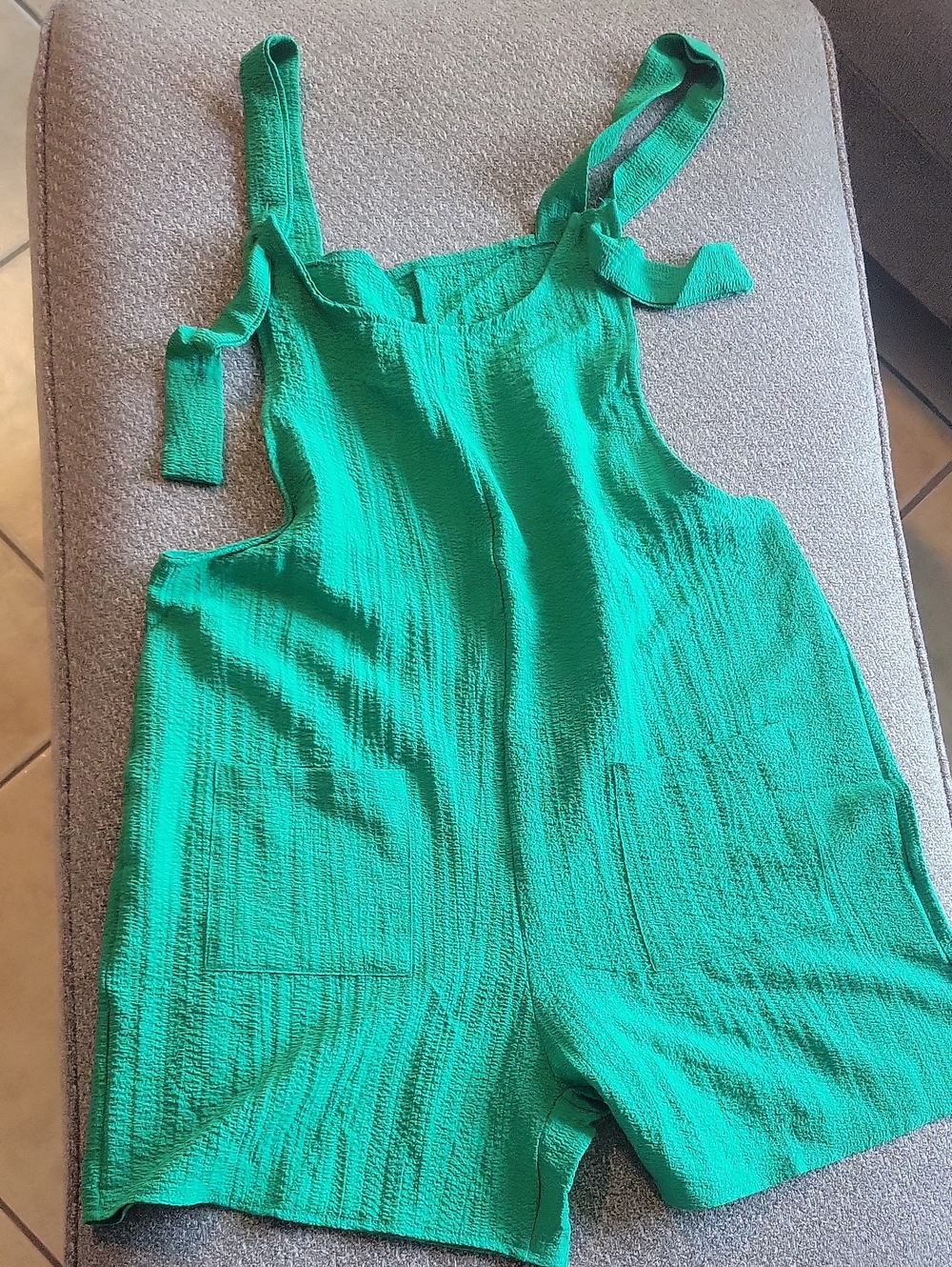 Green Textured Tie-Strap Romper